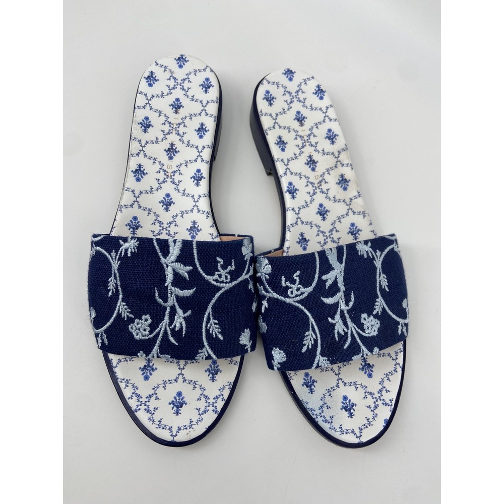 Hill House City Slide Sandals Womens 39.5 Blue The‎ Embroidered Preppy Toile